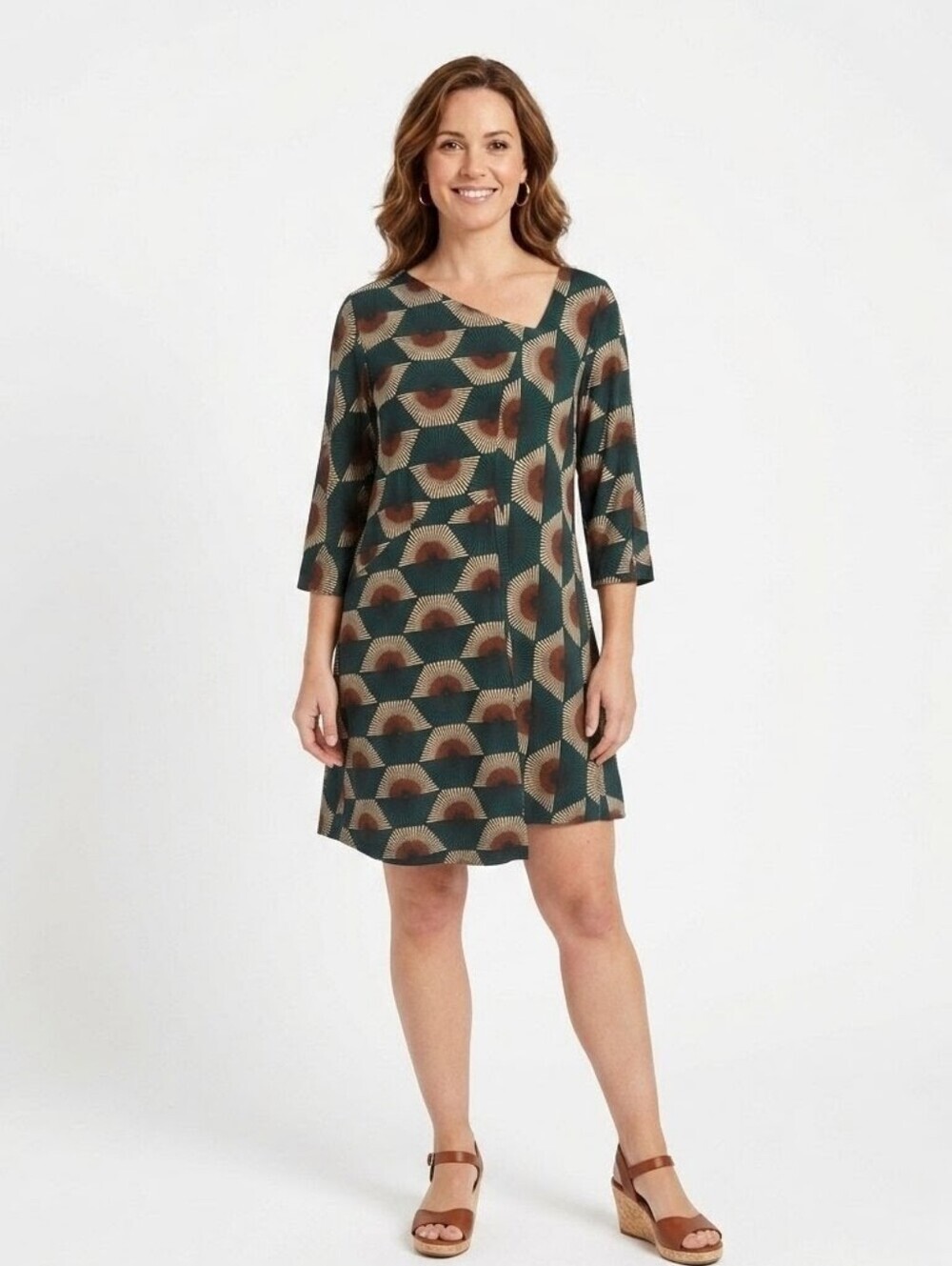 Niche by Nilgun Derman Art Deco Fan Print Green Rust Tunic Dress - Medium